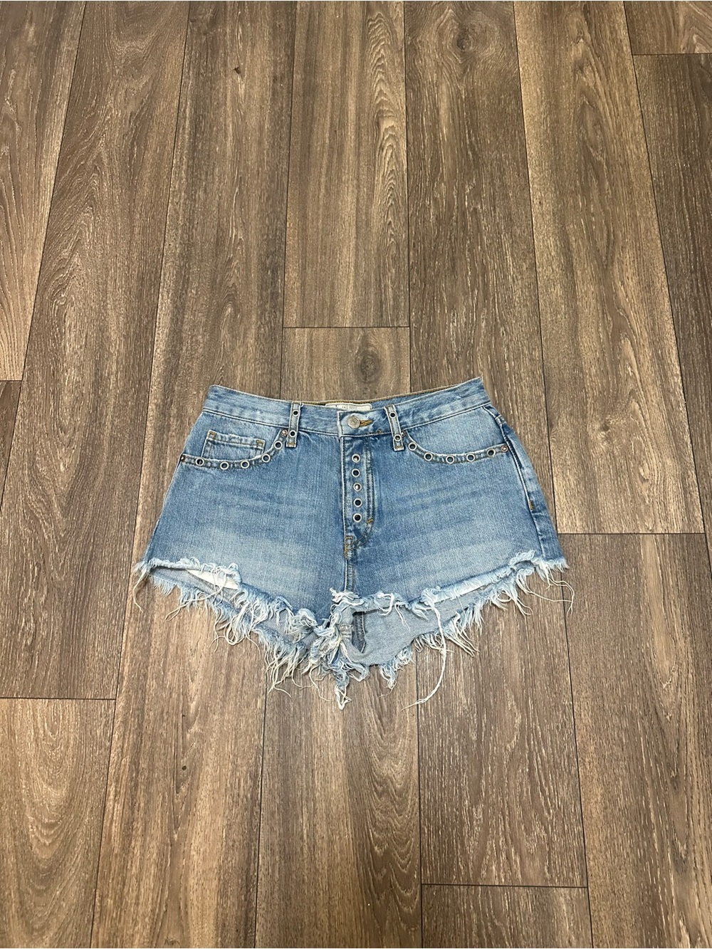 Free People Distressed Button Up Denim Shorts